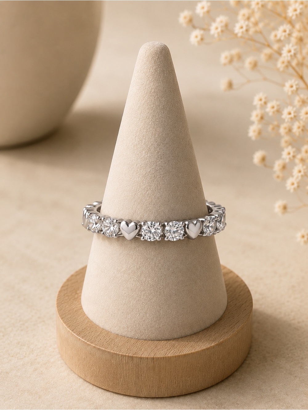 White Gold Filled Heart & Cubic Zirconia Eternity Band- Size Adjustable